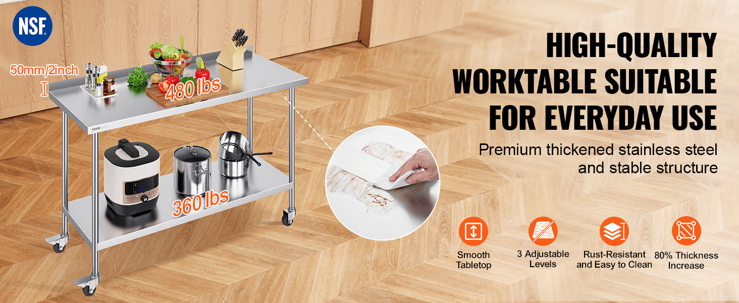 Stainless Steel Work Table Commercial Food Prep Worktable with Casters Heavy Duty Prep Worktable for Restaurant Home Hotel