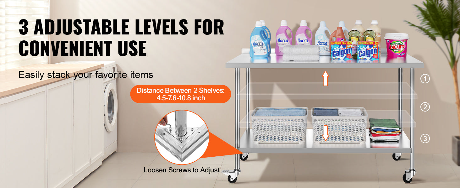 Stainless Steel Work Table Commercial Food Prep Worktable with Casters Heavy Duty Prep Worktable for Restaurant Home Hotel