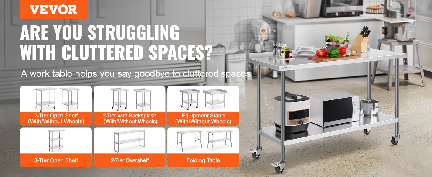 Stainless Steel Work Table Commercial Food Prep Worktable with Casters Heavy Duty Prep Worktable for Restaurant Home Hotel
