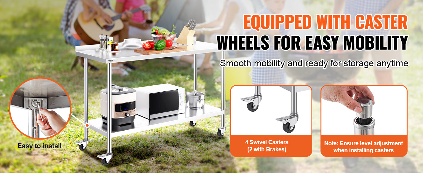 Stainless Steel Work Table Commercial Food Prep Worktable with Casters Heavy Duty Prep Worktable for Restaurant Home Hotel
